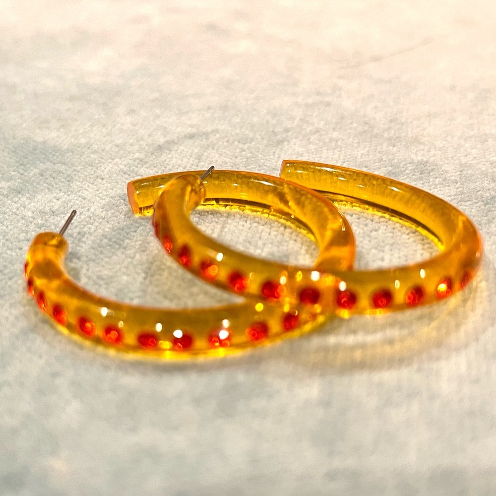 Orange acrylic earrings with rhinestones